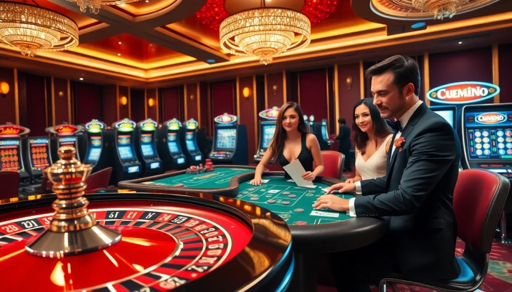 Exciting gameplay at f168info.com with players at a luxury casino table and vibrant slot machines.