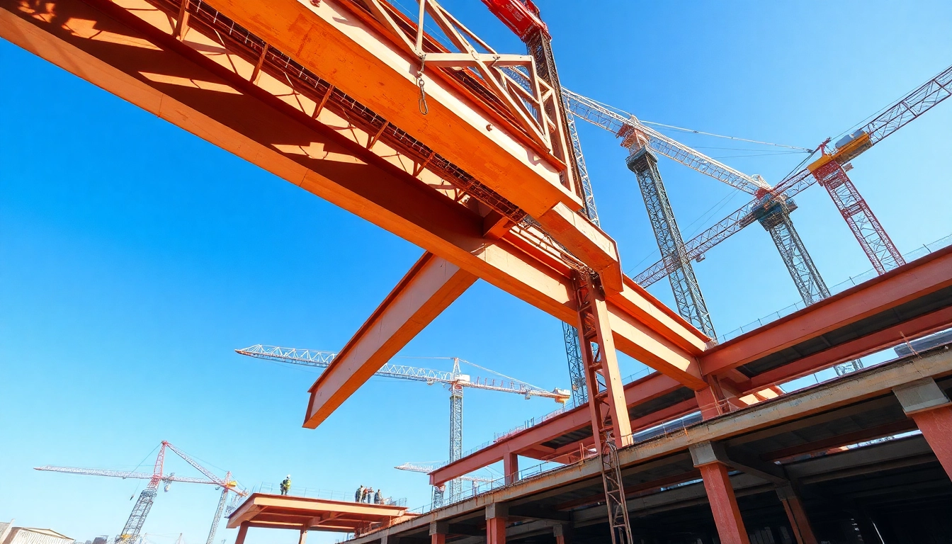 Workers actively engaged in structural steel construction, showcasing advanced techniques and equipment.