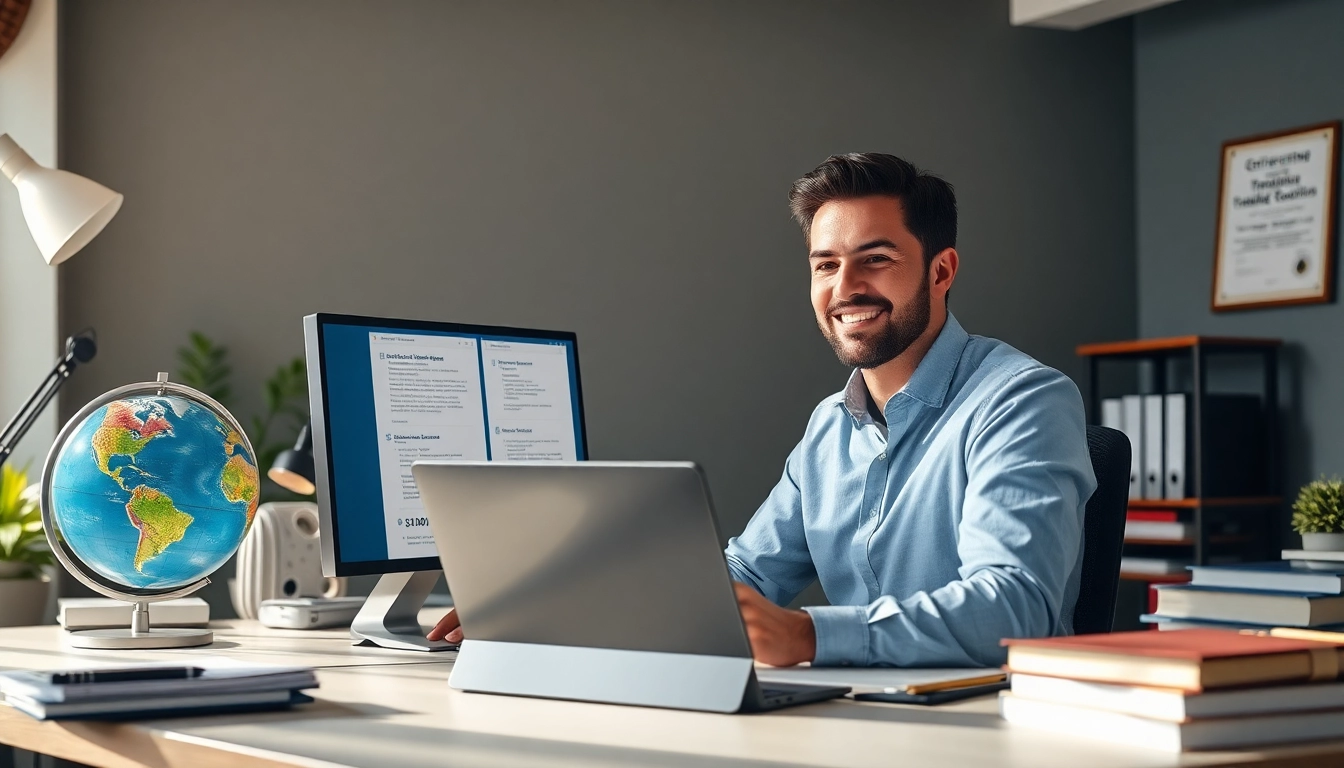 Professional workspace highlighting tradução juramentada services with a translator at work.