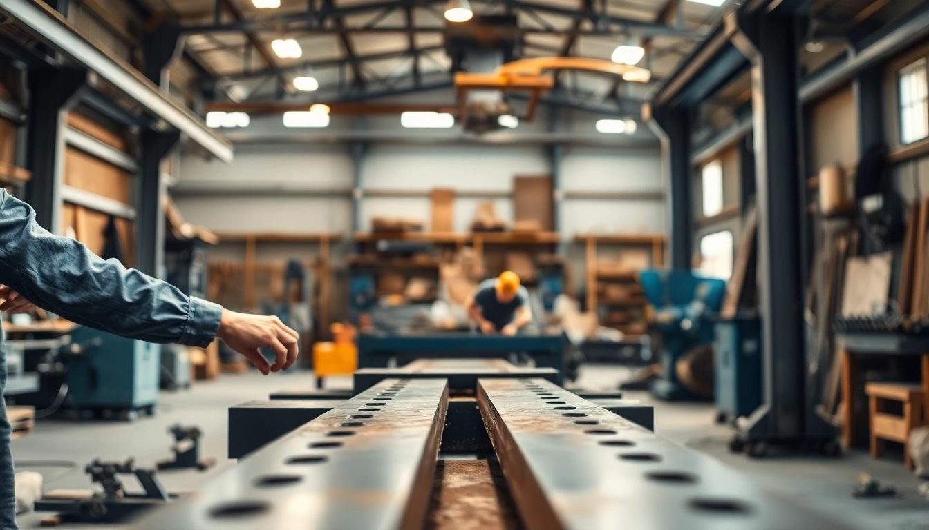 Skilled artisans performing custom steel fabrication in a well-lit workshop, emphasizing craftsmanship.