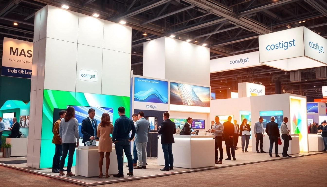 Showcasing an engaging trade show booth with vibrant graphics and diverse attendees interacting.