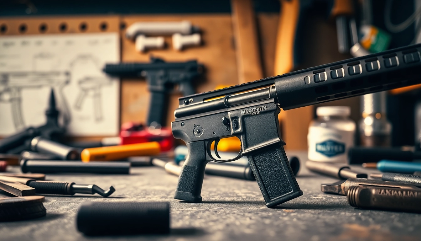 Detailing an ar trigger against a backdrop of gunsmith tools, emphasizing precision and craftsmanship.