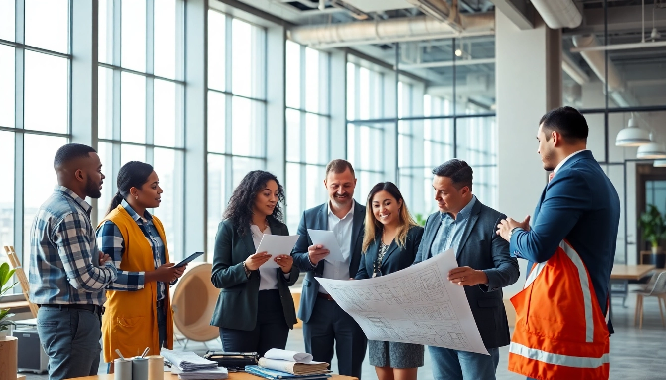 Image showcasing construction advocacy carolinas with professionals collaborating over plans in a modern office.
