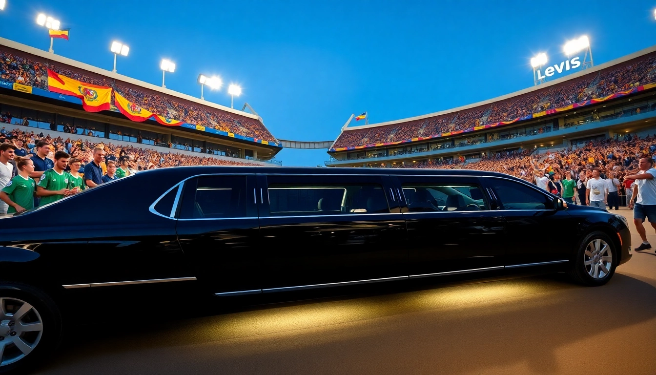 World Cup Group Transportation in a luxury limousine outside a Los Angeles stadium with excited fans.