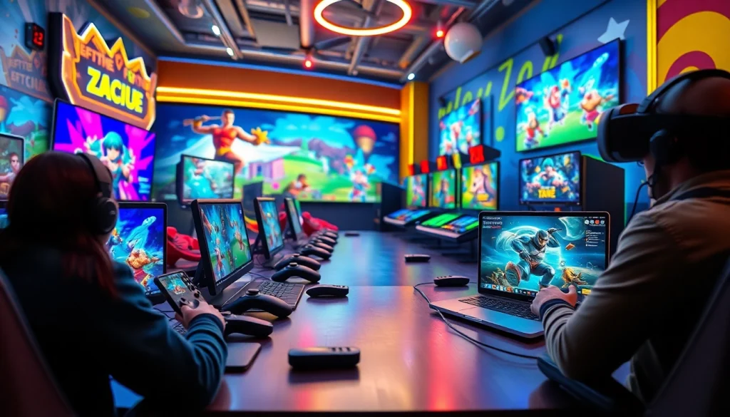 Menggambarkan suasana permainan online PASAR88 yang menarik dan penuh warna dengan perangkat modern.