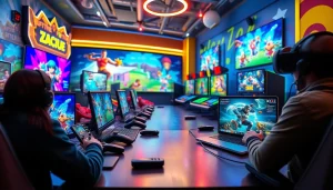 Menggambarkan suasana permainan online PASAR88 yang menarik dan penuh warna dengan perangkat modern.