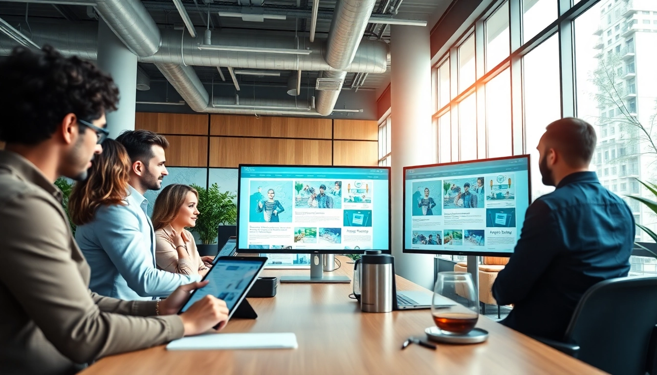 Professional team at a công ty thiết kế website collaborating on innovative web designs.