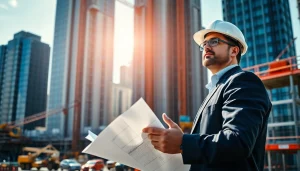 New York City Construction Manager directing a construction site with skyscrapers in view, showcasing urban energy.