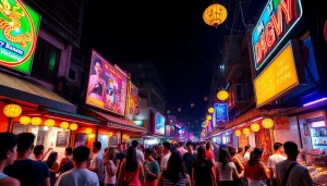 Vibrant Da Nang nightlife scene capturing 다낭밤문화 with lively bars and street food.
