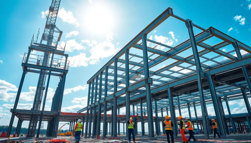 Engaged workers performing structural steel construction on a bright site filled with steel beams.