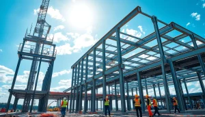 Engaged workers performing structural steel construction on a bright site filled with steel beams.