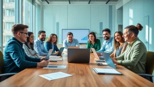 Engaging online marketing edmonton strategy meeting with a diverse team in a modern office.