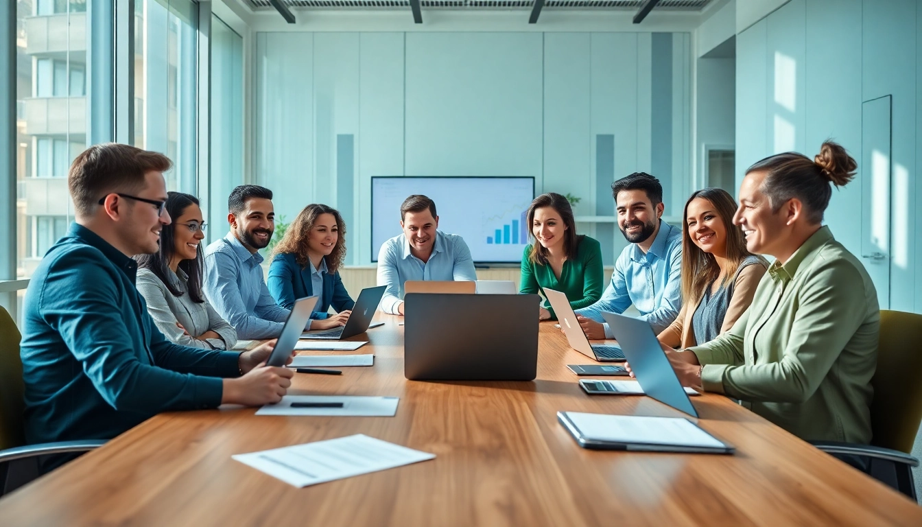 Engaging online marketing edmonton strategy meeting with a diverse team in a modern office.