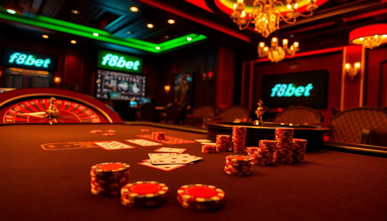 Experience thrilling gameplay at F8bet's luxurious casino featuring poker chips and roulette.