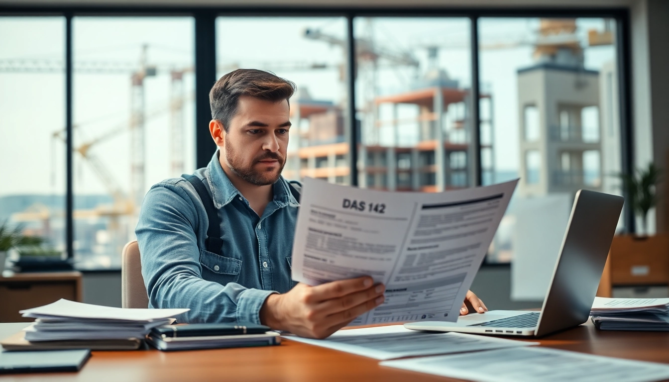 Contractor examining the DAS 142 form in an office setting with a construction site view.