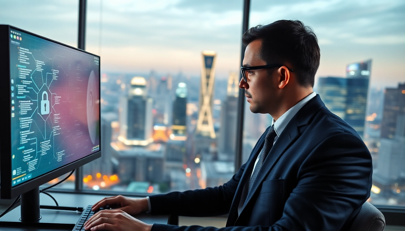 Securely navigating a vpn with an expert analyzing multiple devices in a futuristic city.