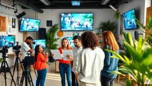 Collaborative team at a Creative Video Production Agency sharing innovative ideas in a vibrant studio.