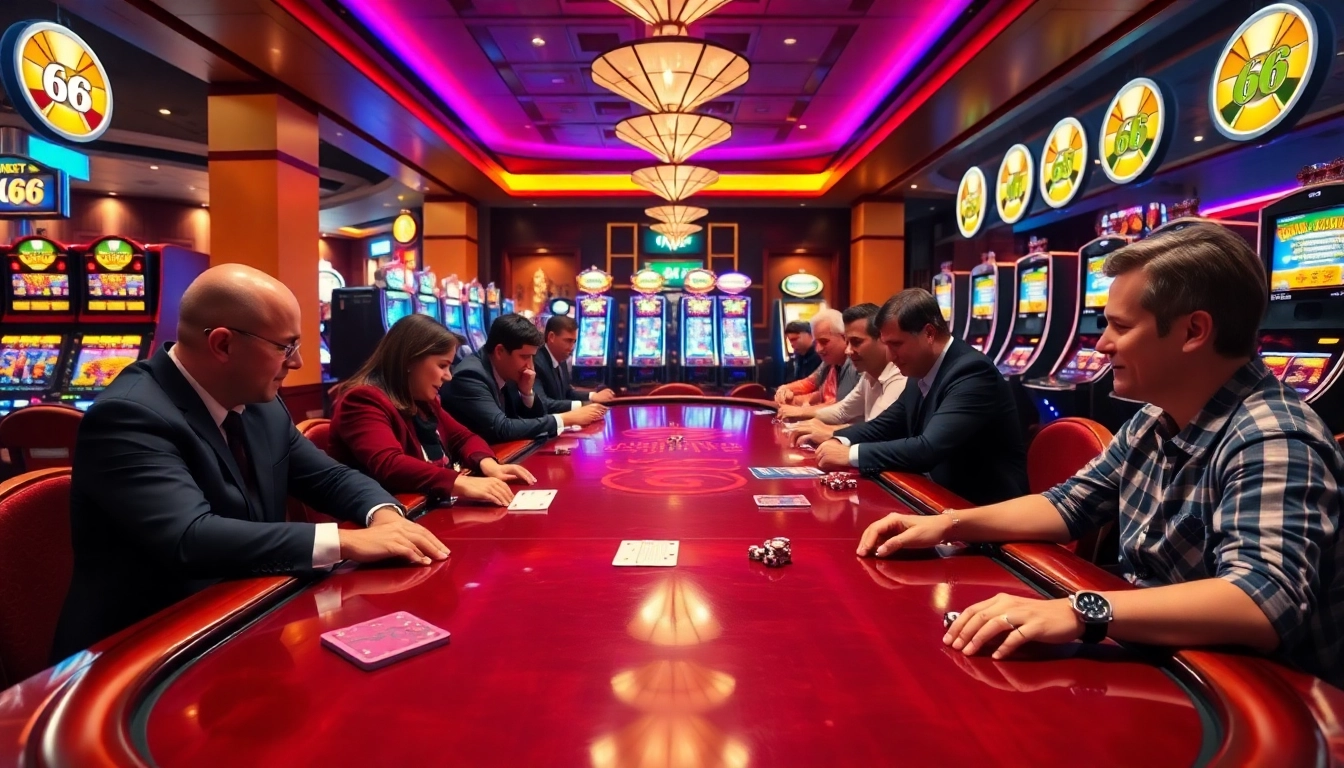 Experience the excitement of new 66 with players at a poker table and vibrant slot machines.