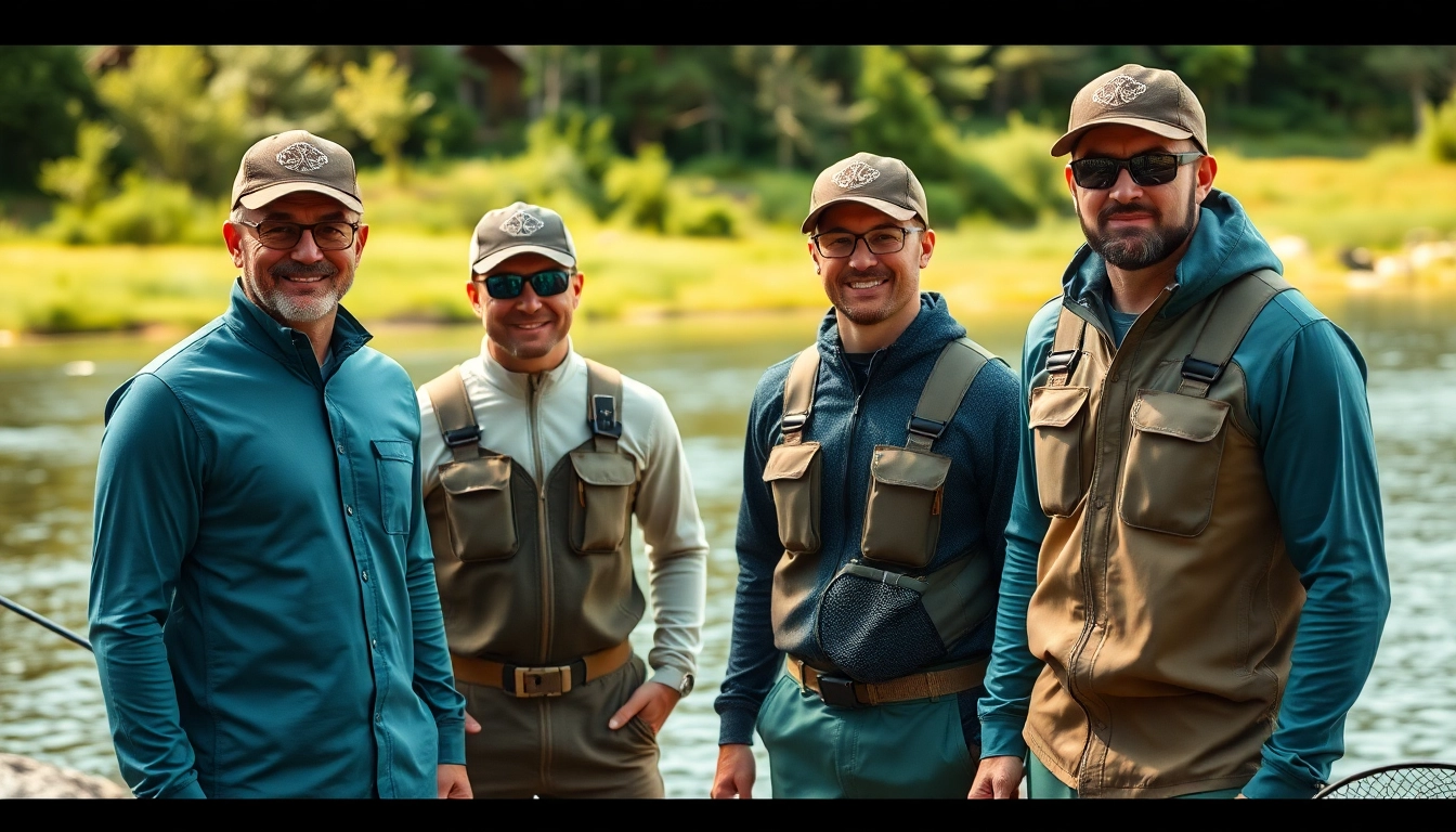Anglers showcasing fly fishing apparel in a stunning outdoor river landscape.