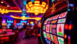 Putar slot mahjong dengan simbol-simbol berwarna cerah dan suasana kasino yang dinamis.