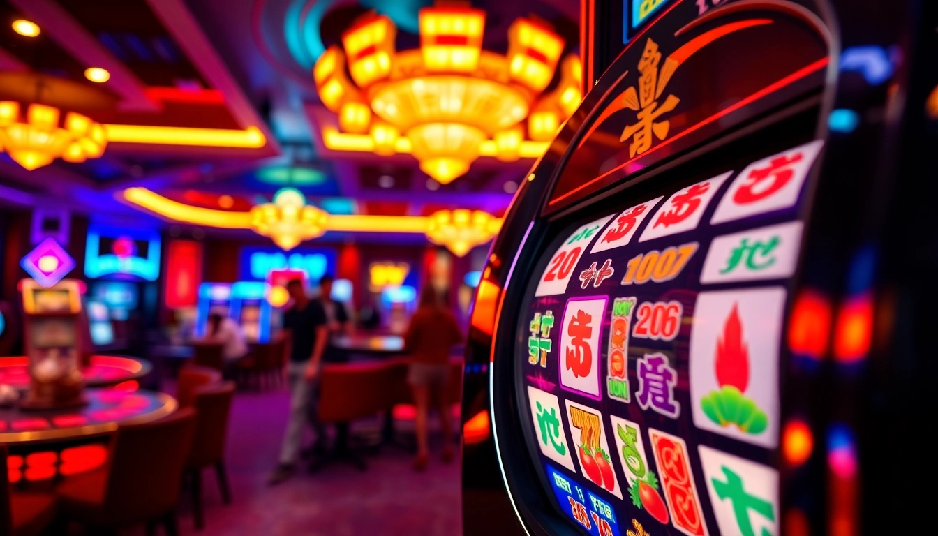 Putar slot mahjong dengan simbol-simbol berwarna cerah dan suasana kasino yang dinamis.