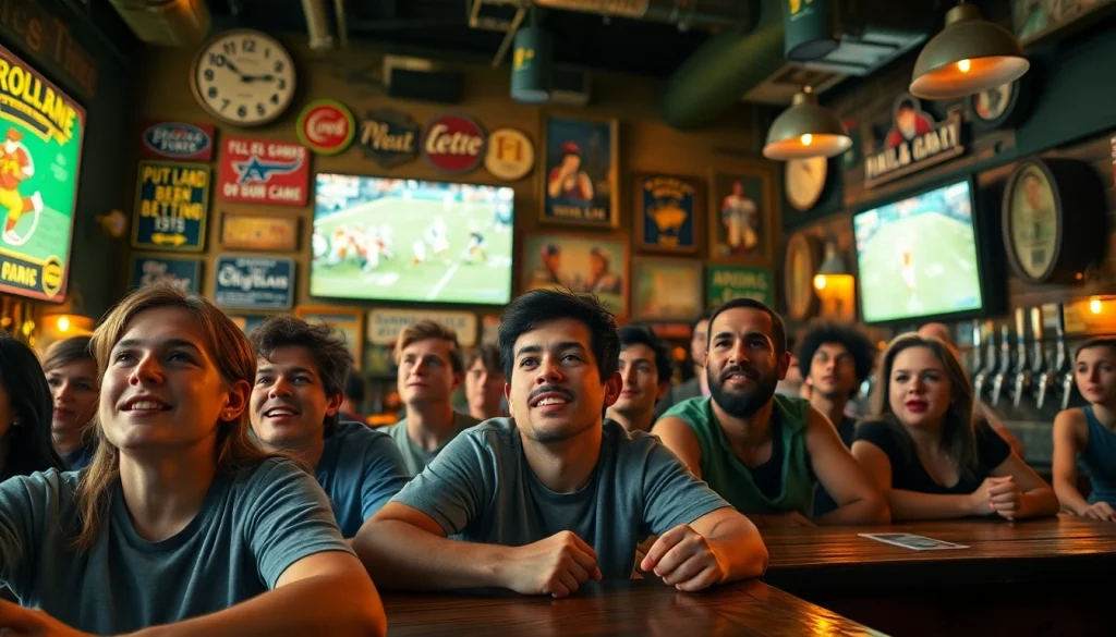 Fans enjoying South Carolina sports betting experience in a cozy pub filled with memorabilia.