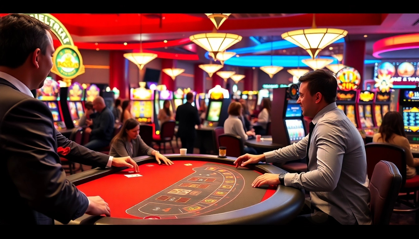 Experience vibrant online casinos in Alberta with engaging players and colorful gaming tables.