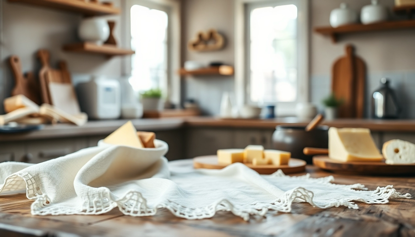Kaasdoek draped stylishly over a table, showcasing its texture and use in culinary settings.