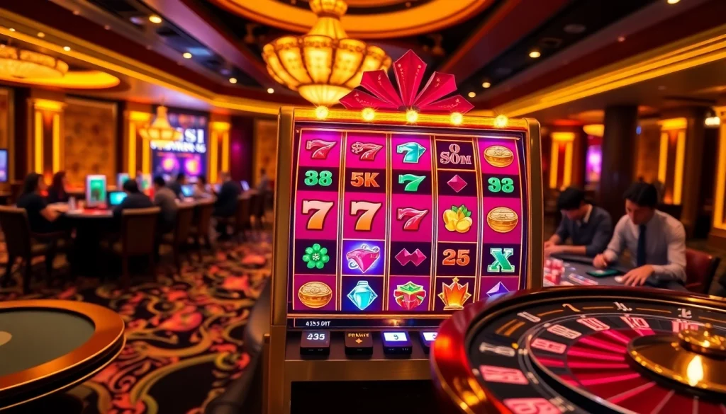 Exciting moments in a 슬롯커뮤니티 casino with vibrant slot machines and engaged players.