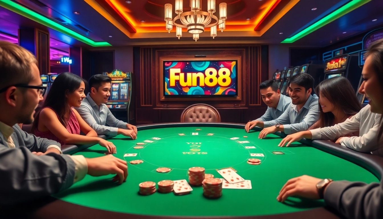 Players enjoying a thrilling game at a Fun88 poker table in a luxurious casino setting.