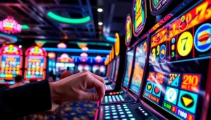 Aksi bermain situs slot depo 5k dengan mesin slot berwarna-warni dan suasana kasino yang ramai.