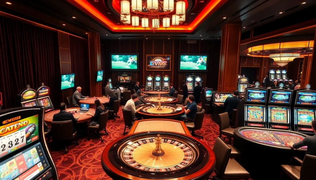 Engaged players enjoying games at Nhà cái EV88's luxurious casino with vibrant atmosphere.