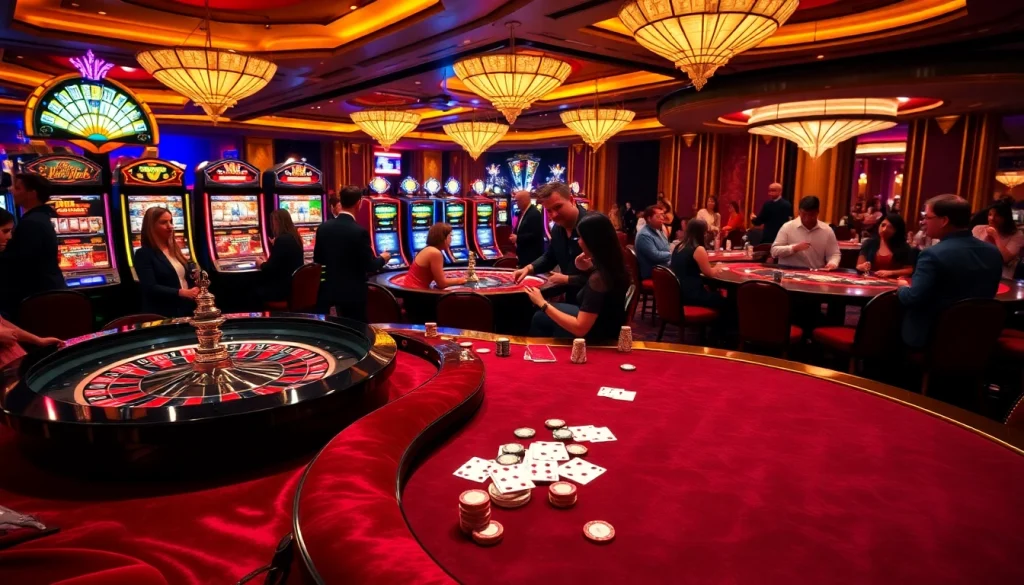 Engaging casino players celebrate wins at https://thabet.vegas/ with vibrant roulette tables and poker chips.