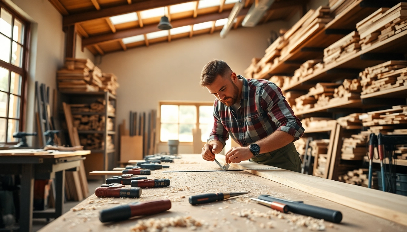 Carpentry Apprenticeship Near Me, carpenter measuring wood with tools in a well-lit workshop.