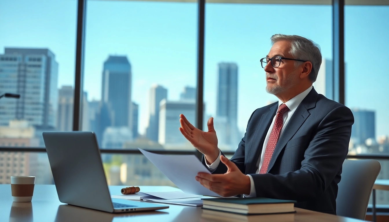 Eminent domain lawyer consulting with a client in a professional office setting.