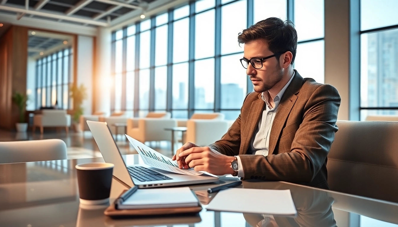 Crisis management consultant analyzing data reports in a bright office environment.