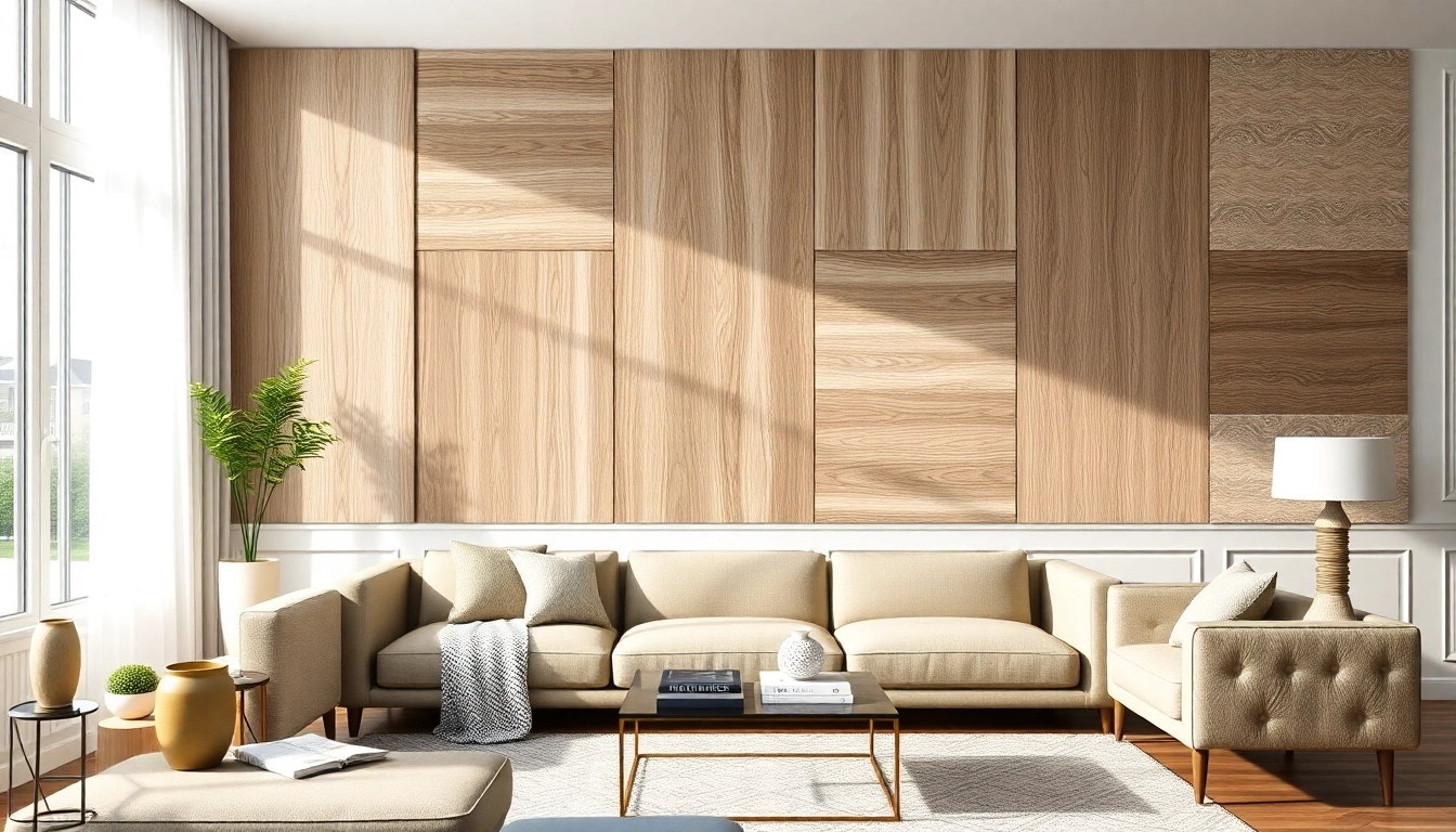 Showcase of wall panelling sheets in a stylish, modern living room design with warm decor elements.