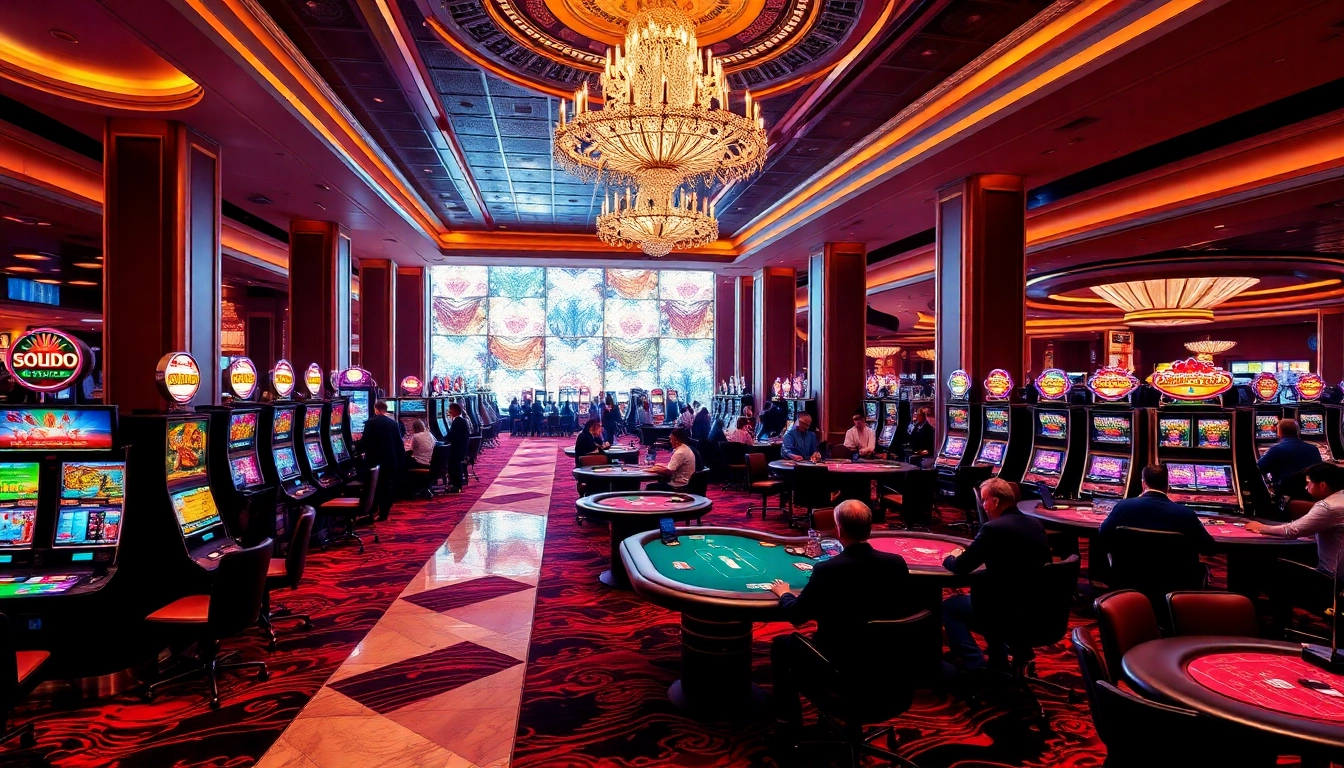 Players engaging in high-stakes gameplay at SODO CASINO, surrounded by vibrant slot machines and elegant decor.