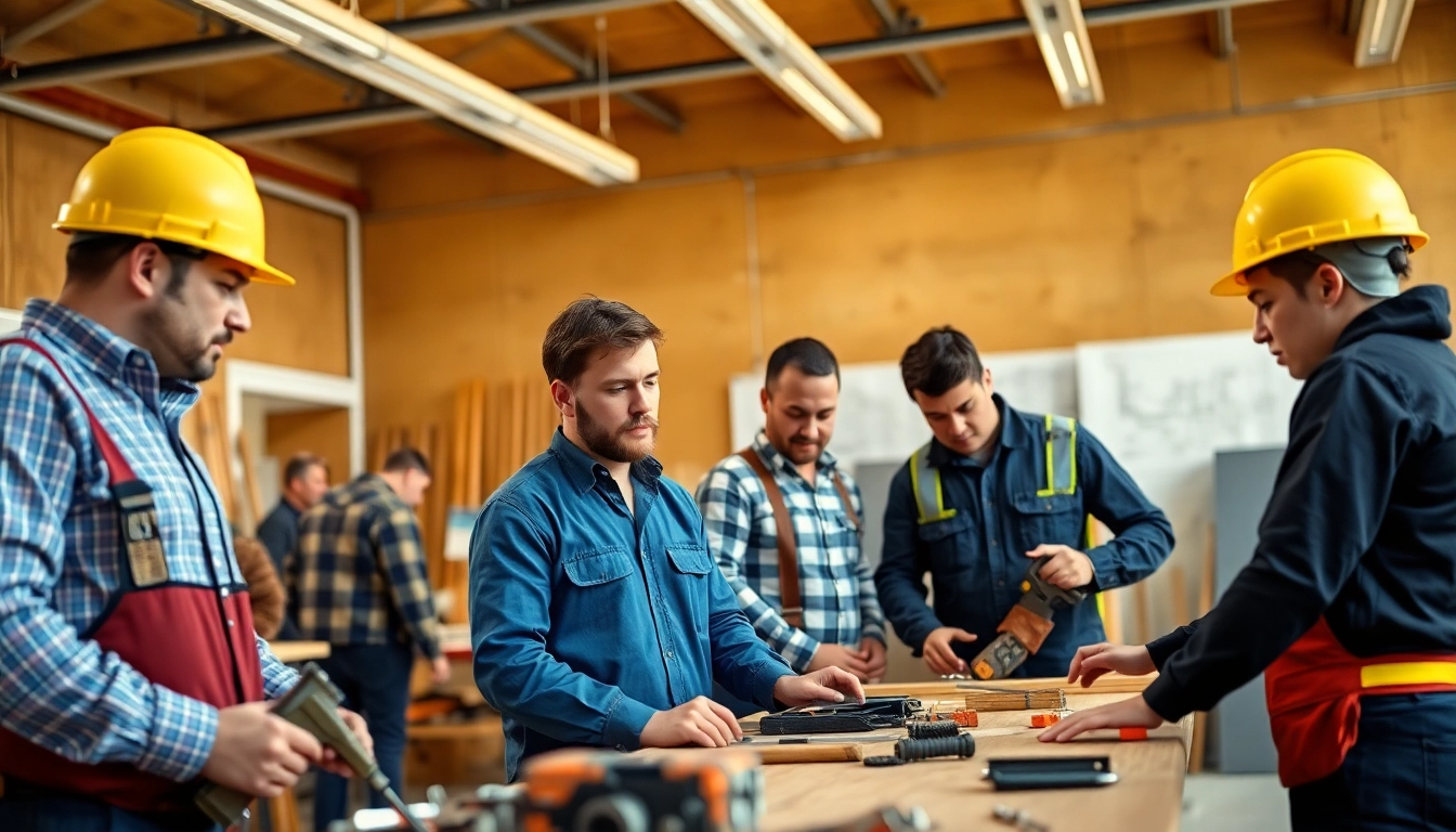 Students training at construction trade schools in Texas, using tools with guidance.