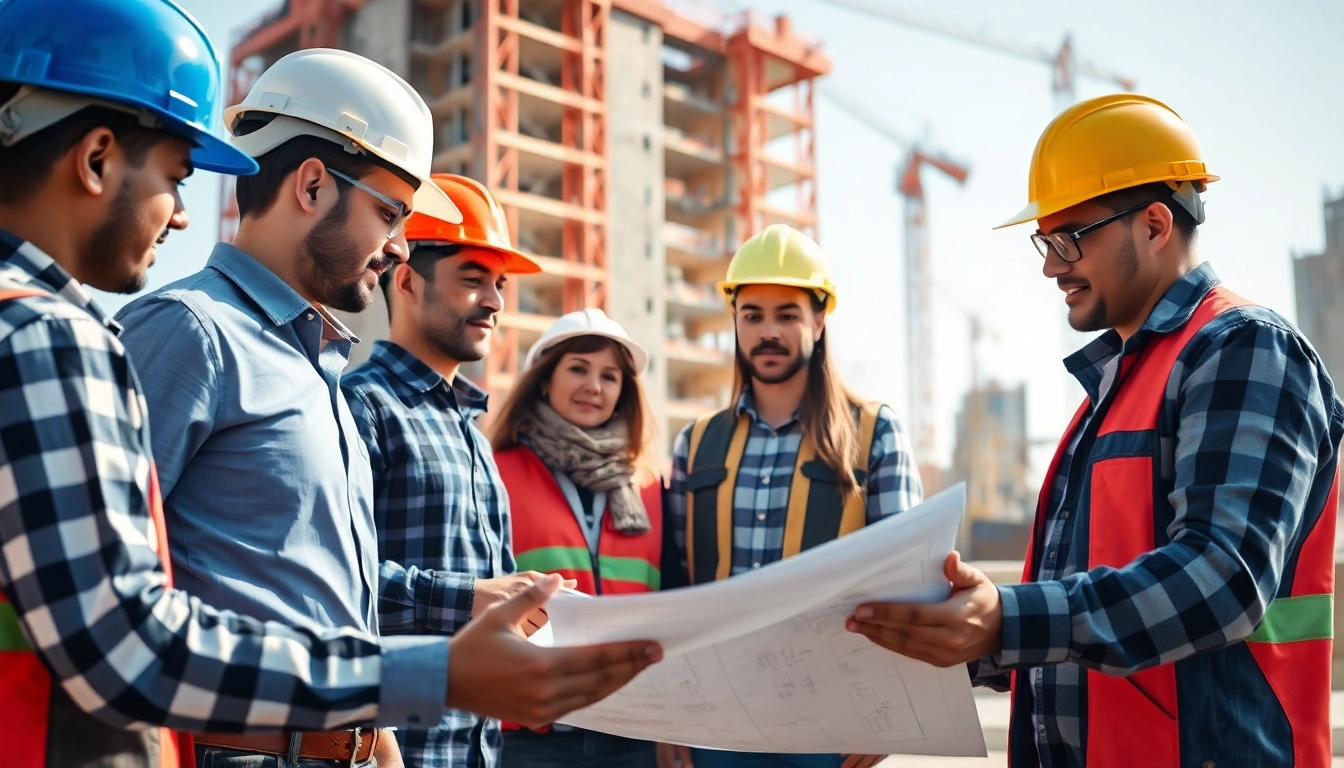 Construction member organization members collaborating on-site with blueprints and tools.