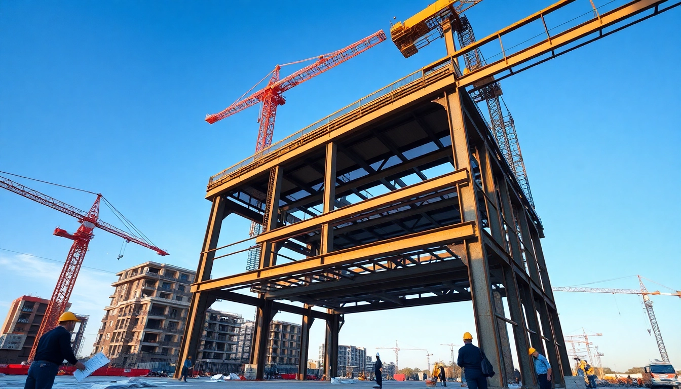 Engaging structural steel construction site showcasing workers and steel framework.