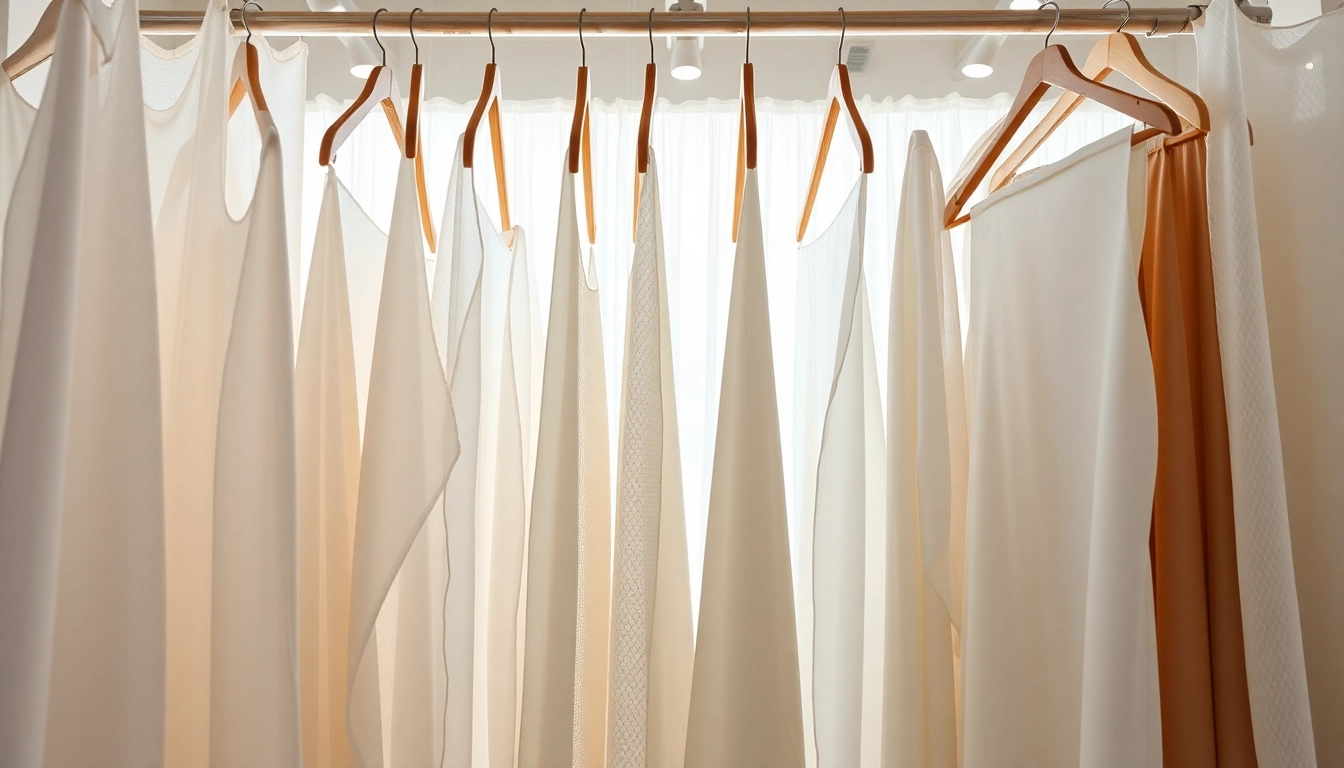 Bekijk lichte en transparante stoffen in een stijlvol boutique-interieur.