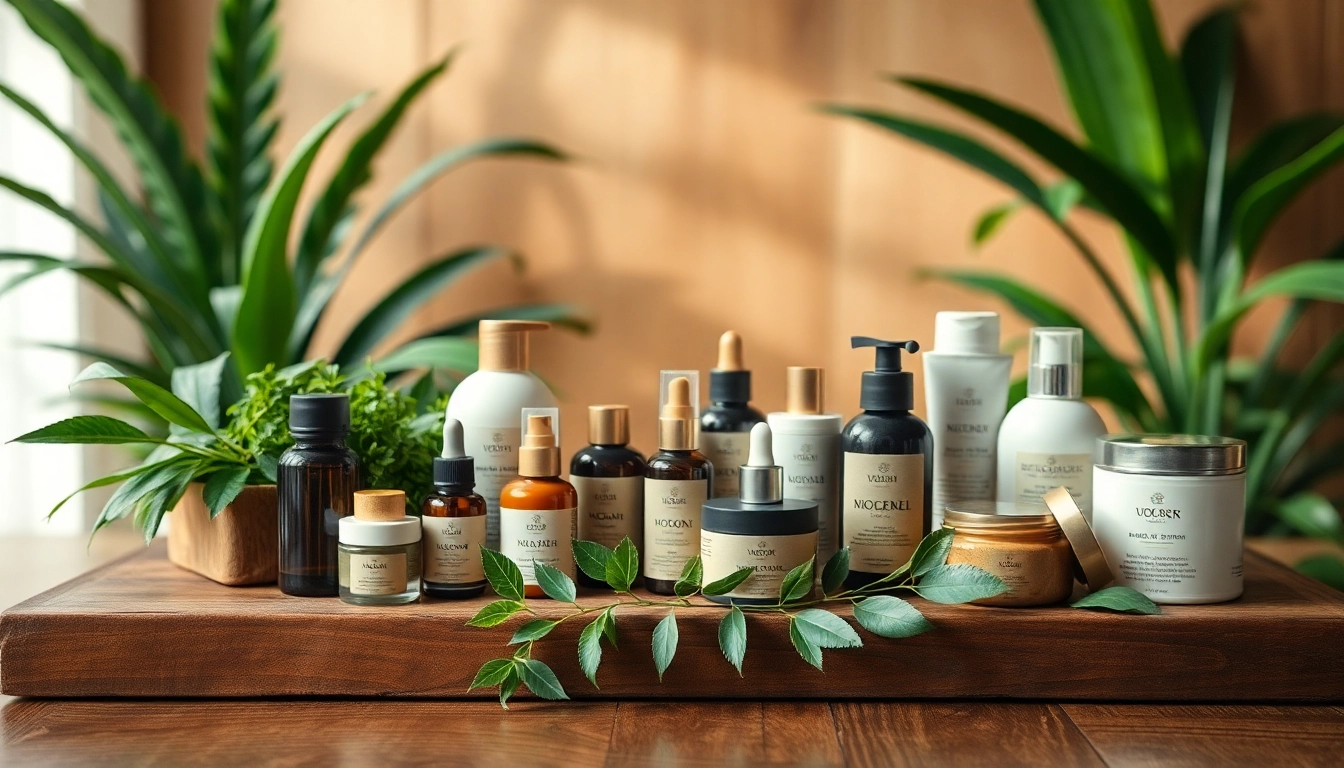 Naturali kosmetika išdėstyta ant medinio stalo, supamoje žalumos, elegantiškame SPA aplinkoje.