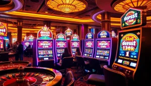 Mainkan permainan slot deposit 1k yang mendebarkan di kasino yang meriah, menampilkan mesin berwarna-warni dan pemain yang bersemangat.