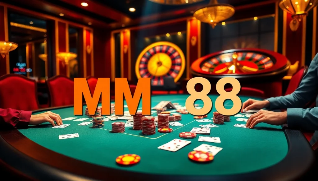 Experience the thrilling atmosphere of MM88 with exciting poker action and vibrant casino visuals.