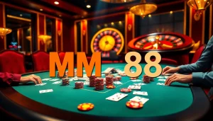 Experience the thrilling atmosphere of MM88 with exciting poker action and vibrant casino visuals.