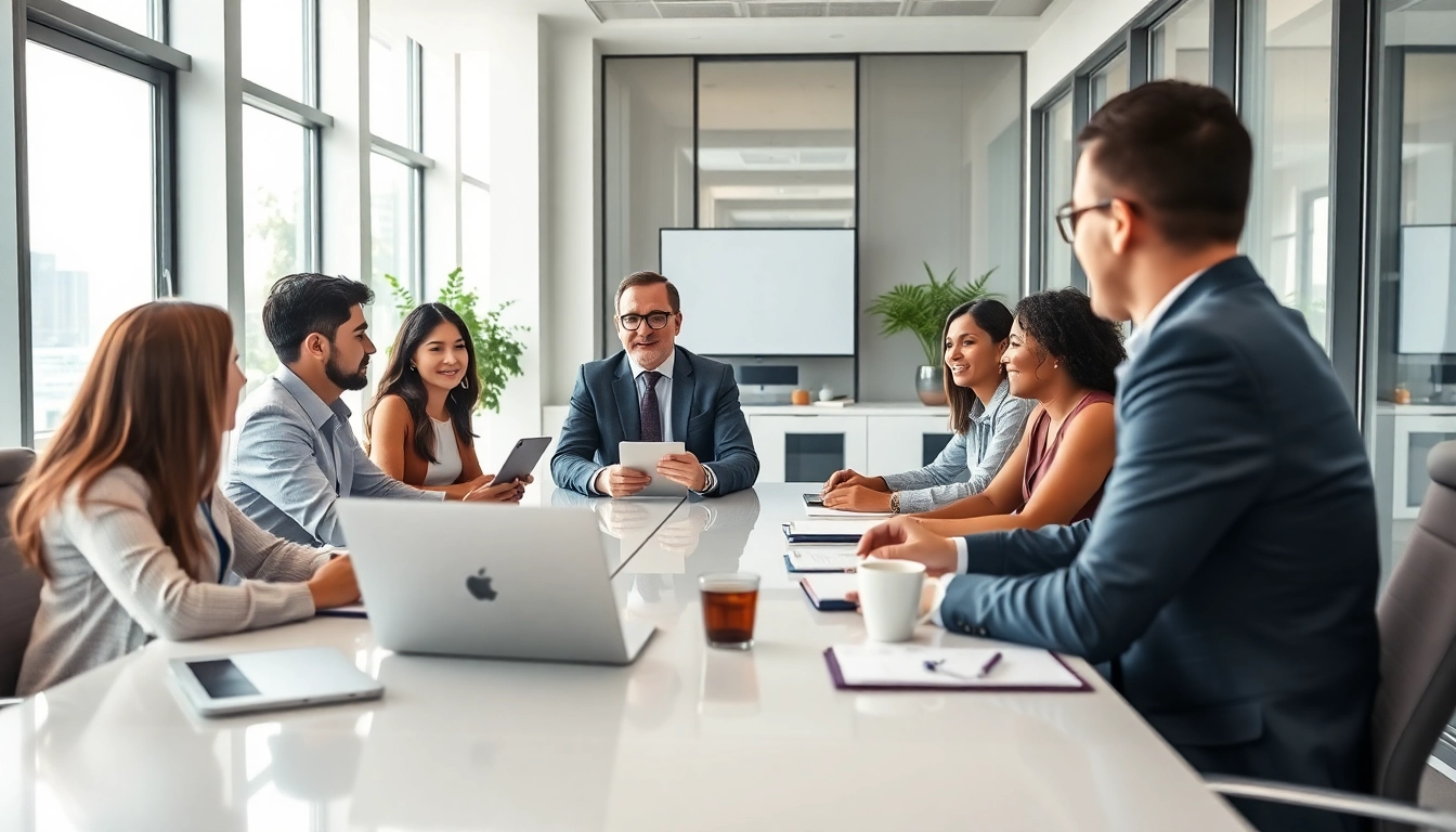 Dynamic business coach Los Angeles leading a strategy session with diverse entrepreneurs in a modern office.