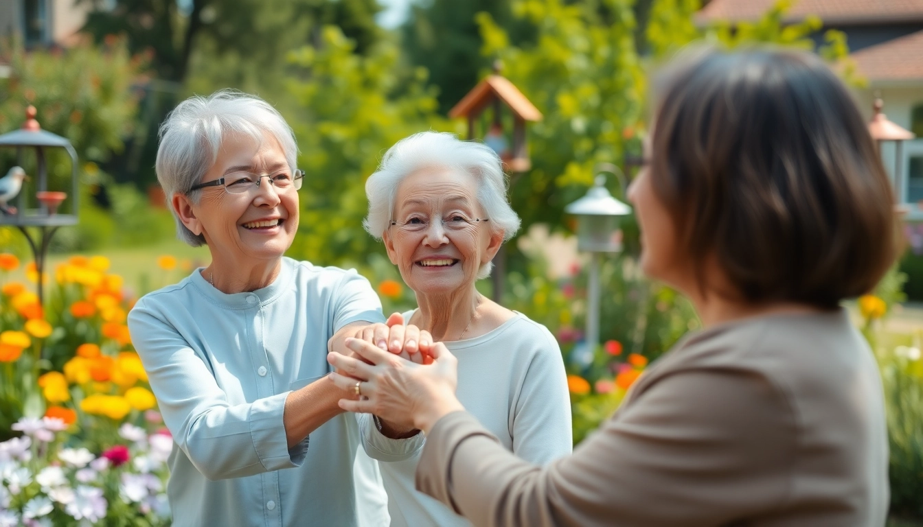 Senior care austin tx provides compassionate support between a caregiver and an elderly individual in a sunny garden.