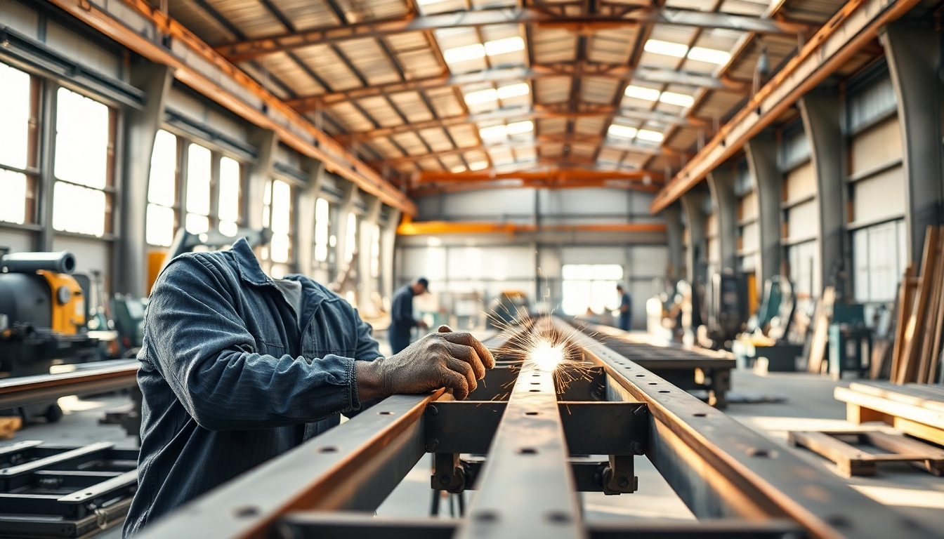 Craftsman at a steel fabrication shop expertly welding structural components.