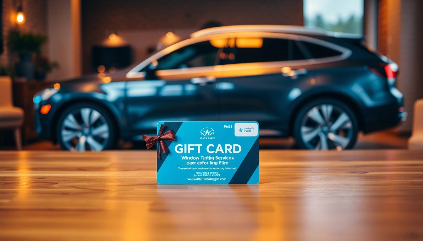 Present window tint gift card on wooden table with a stylish car backdrop.